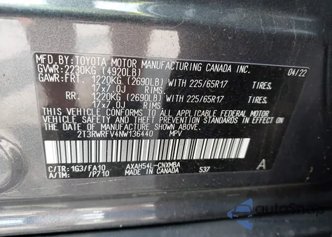 2022 Toyota Rav4 Hybrid Xle из США, поврежденный, VIN 2T3RWRFV4NW136440